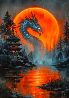 Dragon, Moon, and Pagoda Landscape