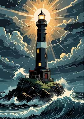 Lighthouse on Rocky Coast with Waves