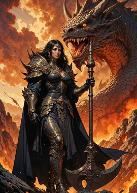 Dragon Queen Warrior – Dark Fantasy Art with Fire Dragon in Volcano Scene