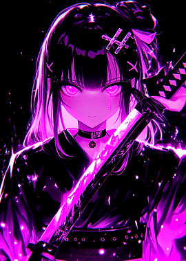 Anime Girl with Katana, Purple Glow