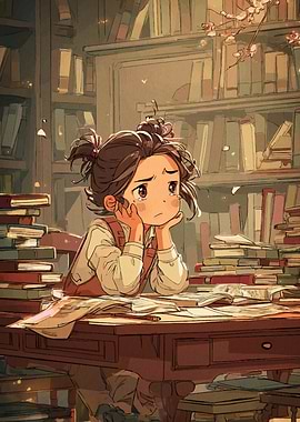 Sad Girl Surrounded by Books