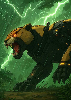 Cybernetic Tiger in Stormy Jungle