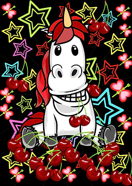 Cartoon Unicorn with Cherries and Stars