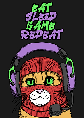 Gamer Cat with Balaclava and Headset