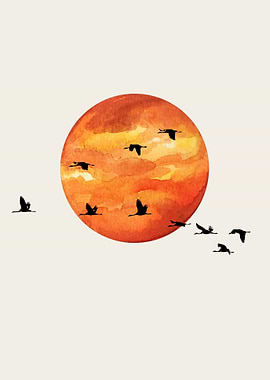 Birds Flying Over Watercolor Sunset