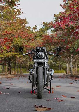 Black Motorcycle on Autumn Road