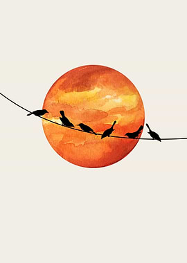 Birds on a Wire Watercolor Sunset