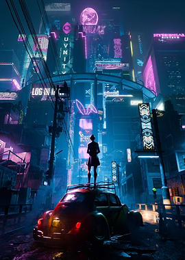 Cyberpunk Cityscape with Figure on Car