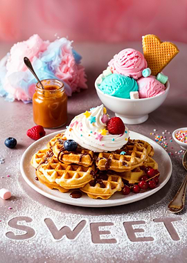 Sweet Waffles and Ice Cream Dessert