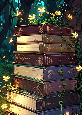 Stack of Books with Flowers and Vines