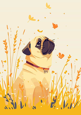 Pug in Field of Butterflies Minimalist Art Illustration