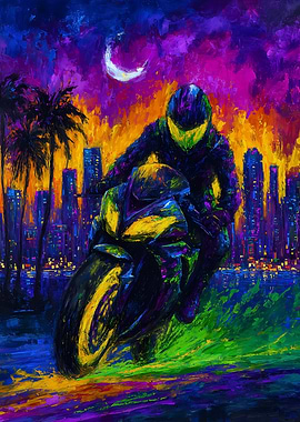 Motorcycle Ride at Night Cityscape Painting