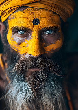 Sadhu Portrait with Yellow Face Paint