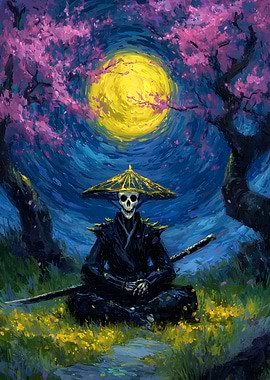 Samurai Skeleton Under Cherry Blossoms