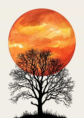 Silhouette Tree with Watercolor Sun