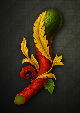 Modern Ace of Bastoni Club Card- Rhubarb with Golden Leaves