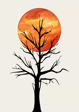 Silhouette Tree with Watercolor Sunset