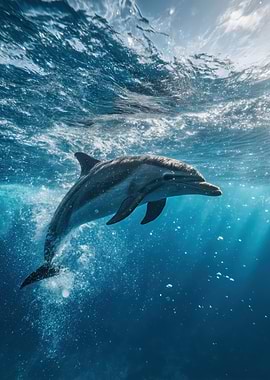 Dolphin swimming underwater in blue ocean