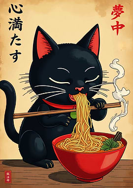 Black Cat Eating Ramen Illustration