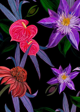 Floral Pattern with Anthuriums and Clematis