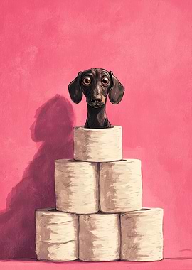 Dachshund on Toilet Paper Tower | Dog Bathroom Art