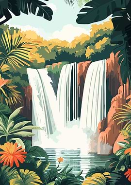 Tropical Waterfall Summer Minimalist Art Illustration
