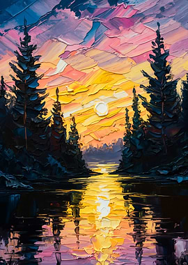 Impasto Sunset Lake Painting