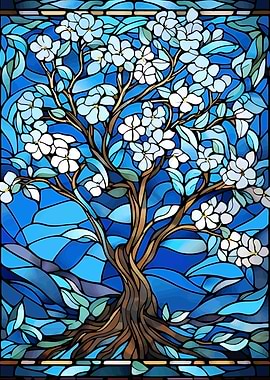 Stained Glass Flowering Tree Illustration