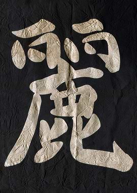 Japanese Calligraphy on Wrinkled Black Fabric