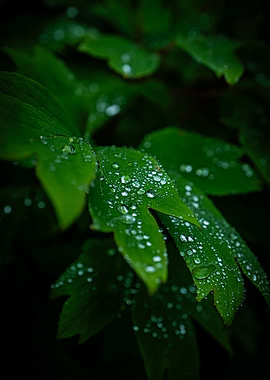 Green Leaves with Water Droplets