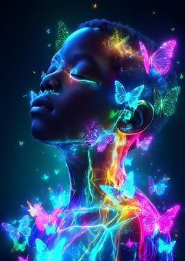 Neon Butterflies and Serene Portrait