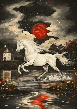 White Horse Running Under Red Moon drawing