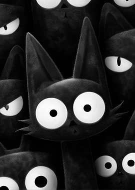 Cartoon Black Cats with Big Eyes