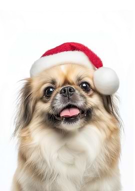 Pekingese Dog with Santa Hat Portrait
