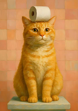 Cat with Toilet Paper on Head