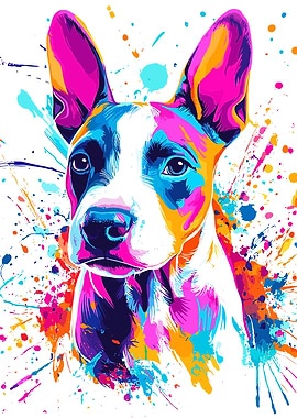Colorful Dog Portrait with Paint Splatters