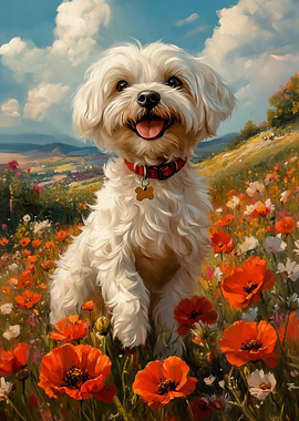 Havanese Dog in Poppy Field