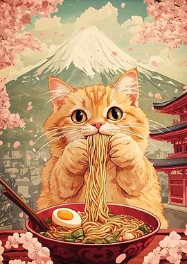 Cat eating ramen with Mount Fuji