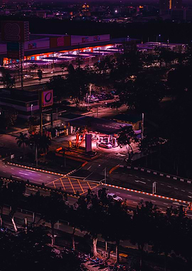 Night Cityscape with Gas Station