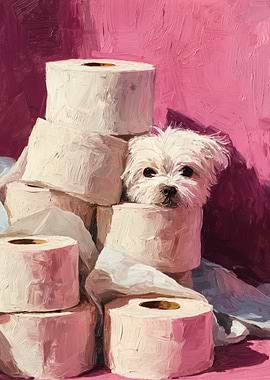 Maltese Dog with Toilet Paper Painting | Bathroom Wall Art