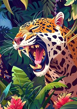 Roaring Jaguar in Jungle Illustration