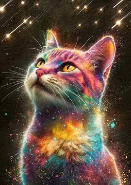 Rainbow Cat Gazing at Shooting Stars