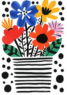 Colorful Floral Arrangement in Striped Vase