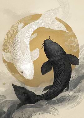 Gold Yin Yang Koi Fish Illustration