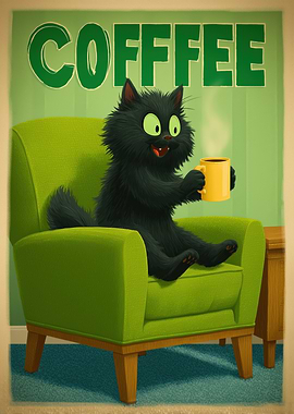 Cartoon Cat Enjoying Coffee in Armchair