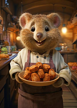 Smiling Quokka Baker Holding Plate of Food