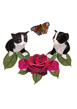 Kittens, Roses, and Butterfly Illustration