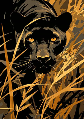 Black Jaguar in Golden Field Minimalist Art Illustration