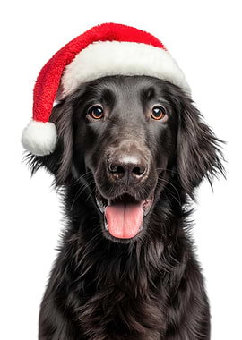 Flat-coated Retriever Dog with Santa Hat Portrait