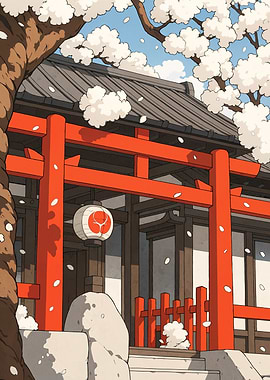 Japanese Shrine with Cherry Blossoms